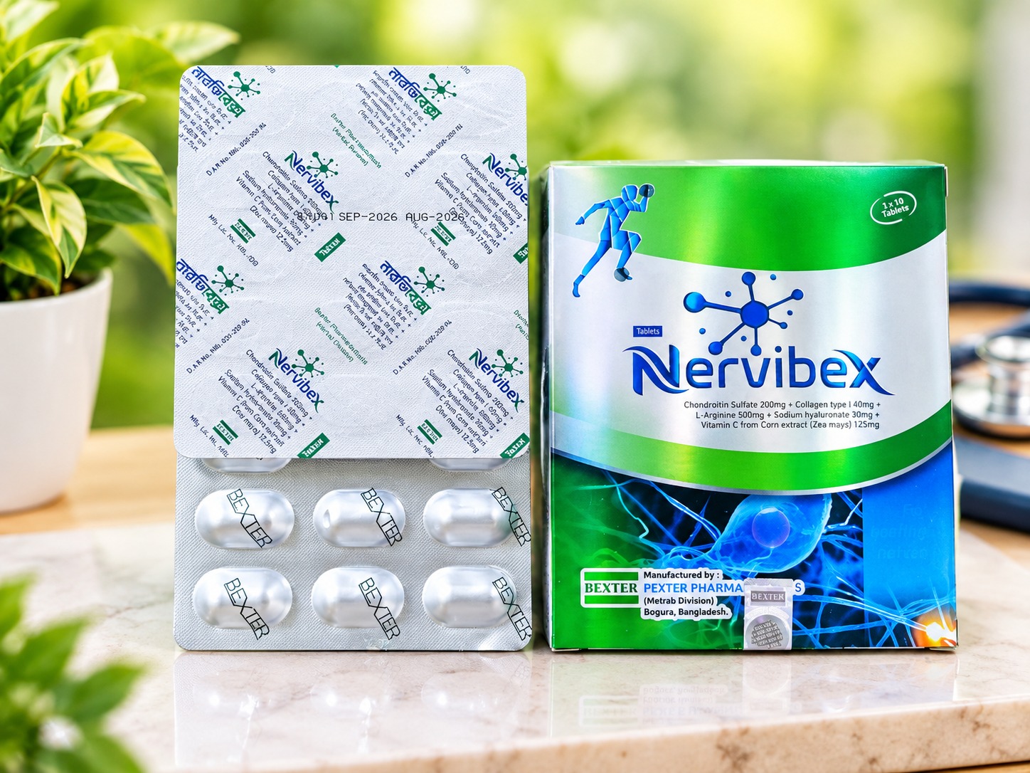 Nervibex Tablet for nerve health and nutritional support with Chondroitin Sulfate, Collagen Type I, L-Arginine, Sodium Hyaluronate and Vitamin C