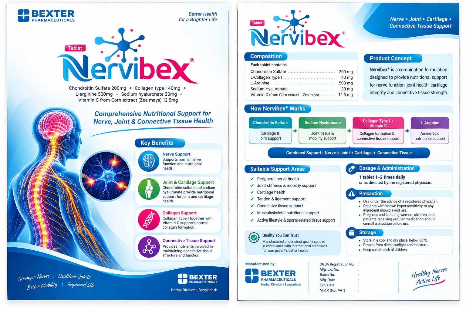 Nervibex Tablet for nerve health and nutritional support with Chondroitin Sulfate, Collagen Type I, L-Arginine, Sodium Hyaluronate and Vitamin C